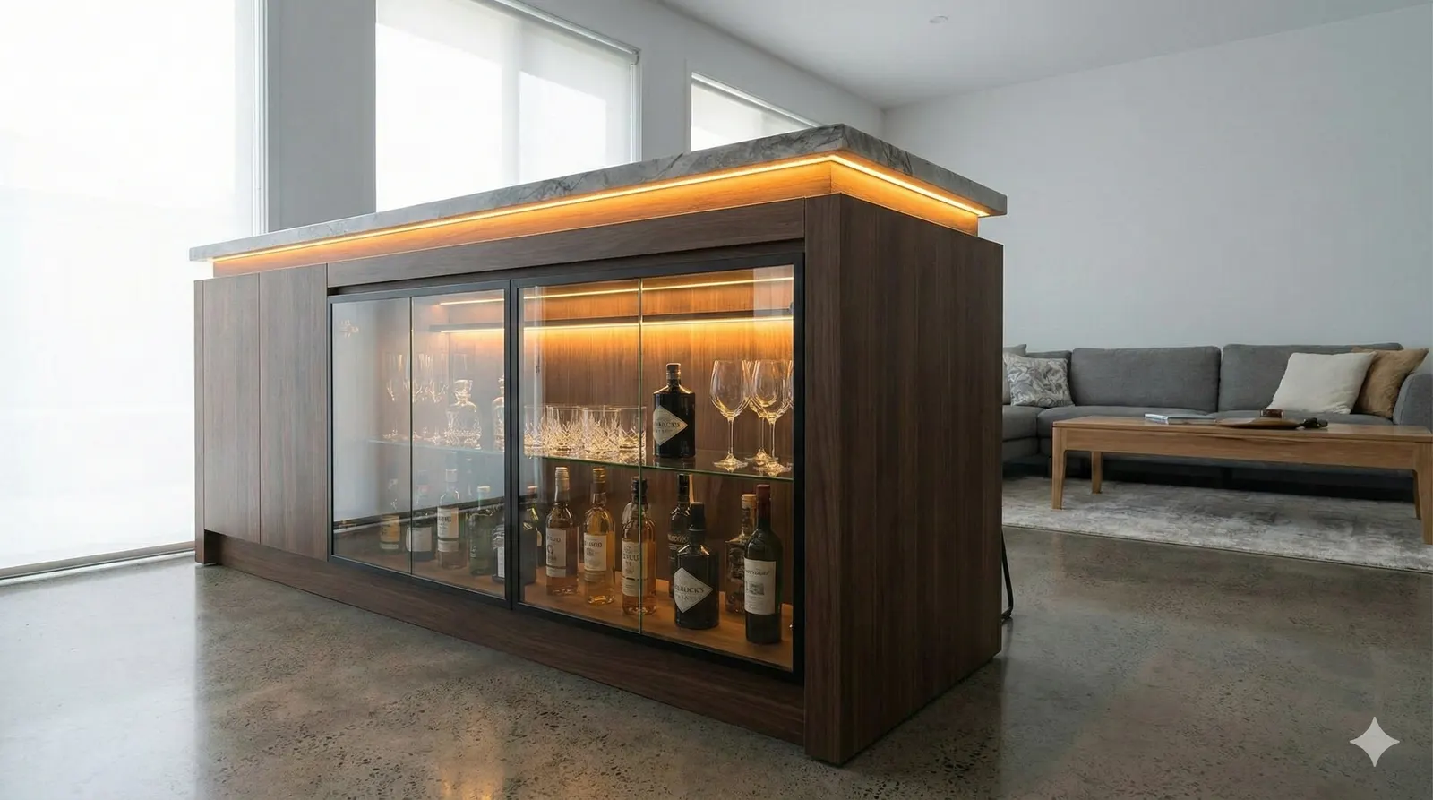 Bar con vitrina de vidrio iluminada