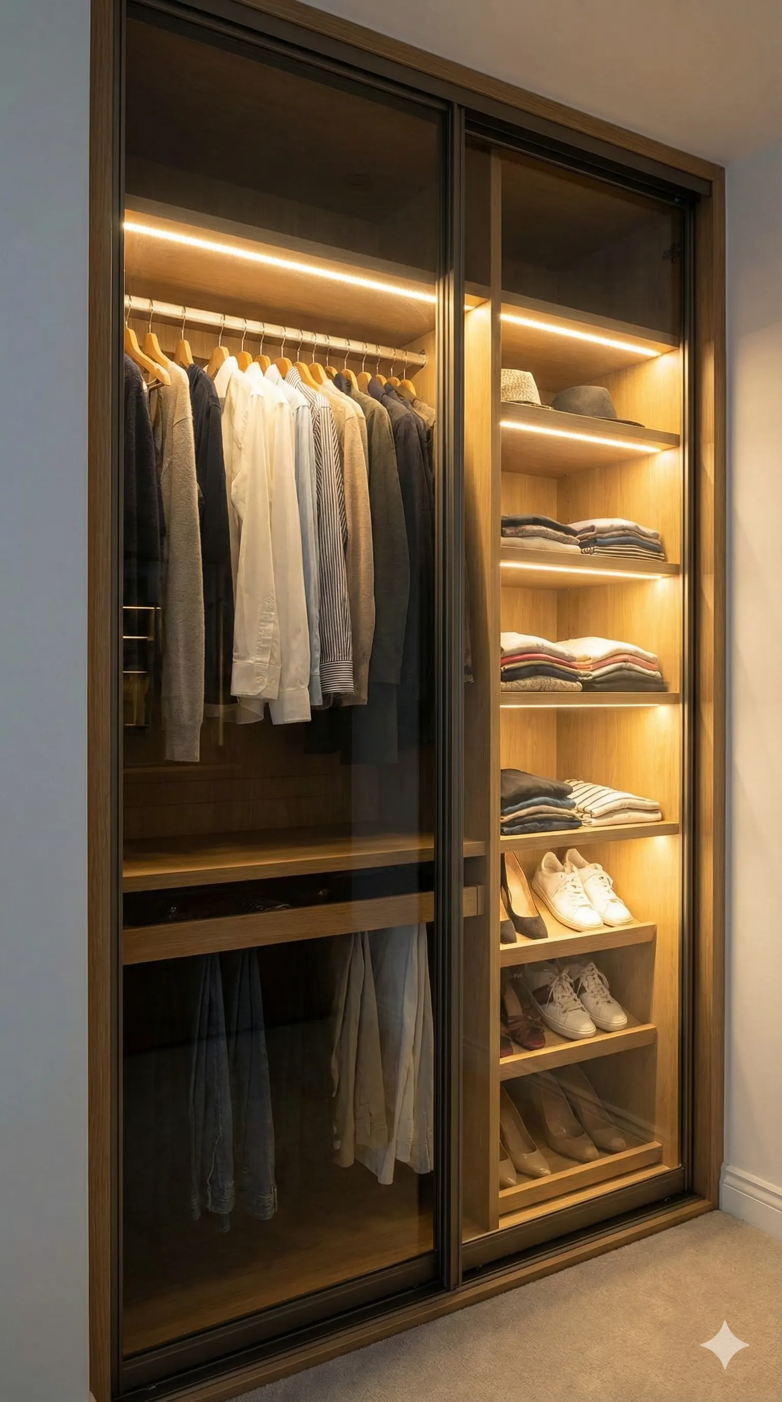 Clóset con puertas de vidrio y estantes iluminados